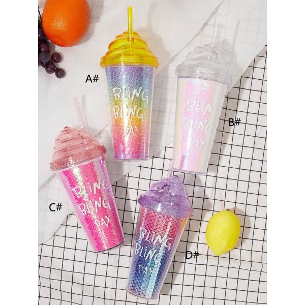 1pc Letter Graphic Sequin Straw Water Bottle