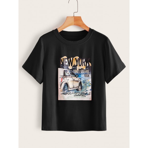 Car & Letter Graphic Short Sleeve Tee