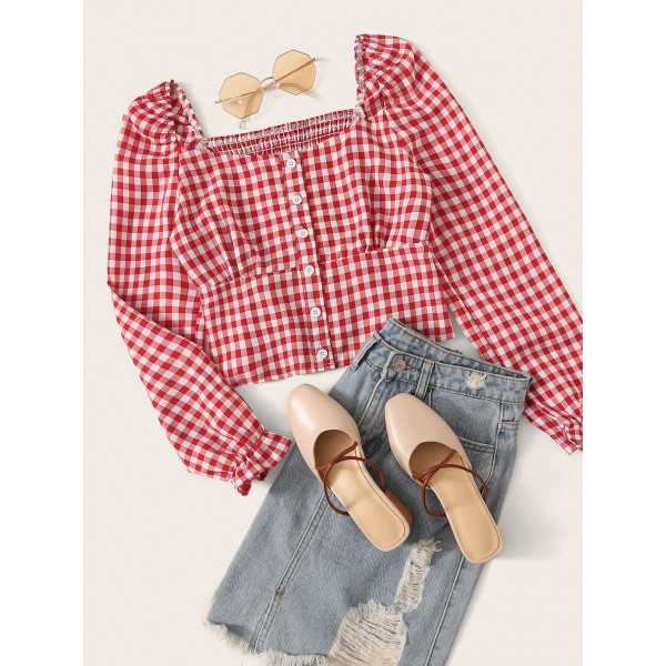Gingham Square Neck Shirred Crop Blouse
