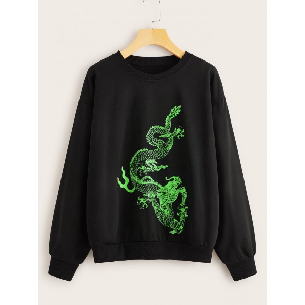 Dragon Print Drop Shoulder Sweatshirt