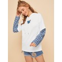 2 In 1 Butterfly Print Striped Panel Hoodie