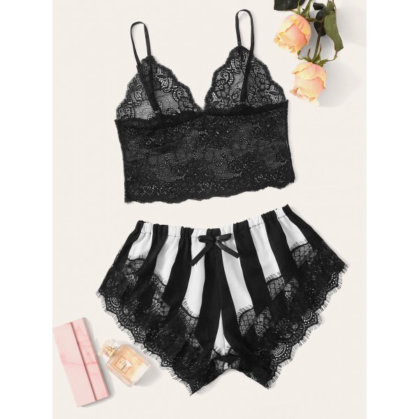 Floral Lace Bralette With Striped Shorts