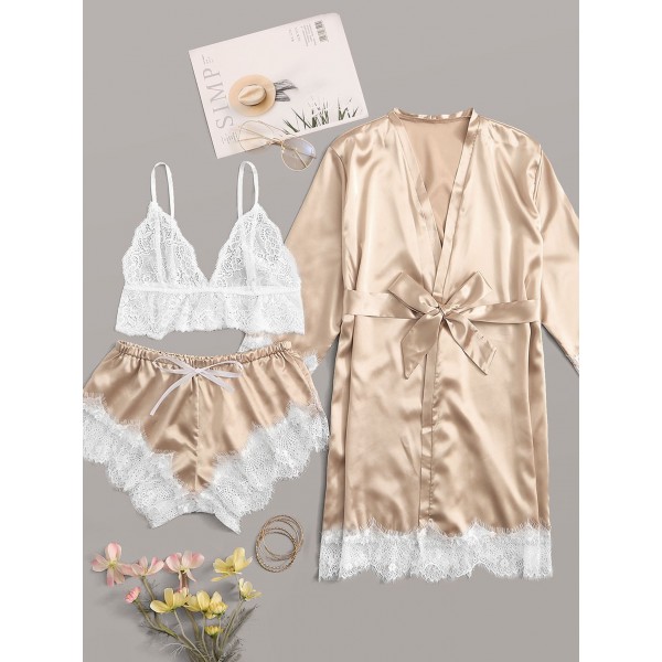 Floral Lace Satin Lingerie Set With Robe