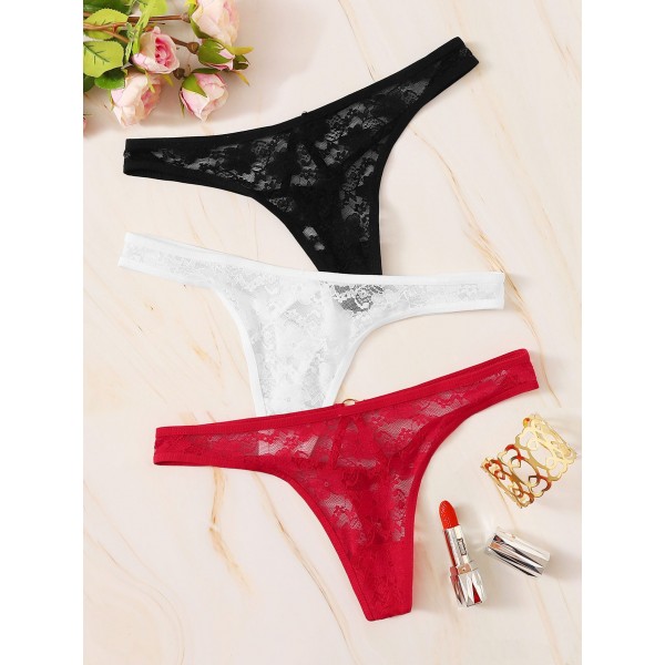 Floral Lace Thong Panty Set 3pack