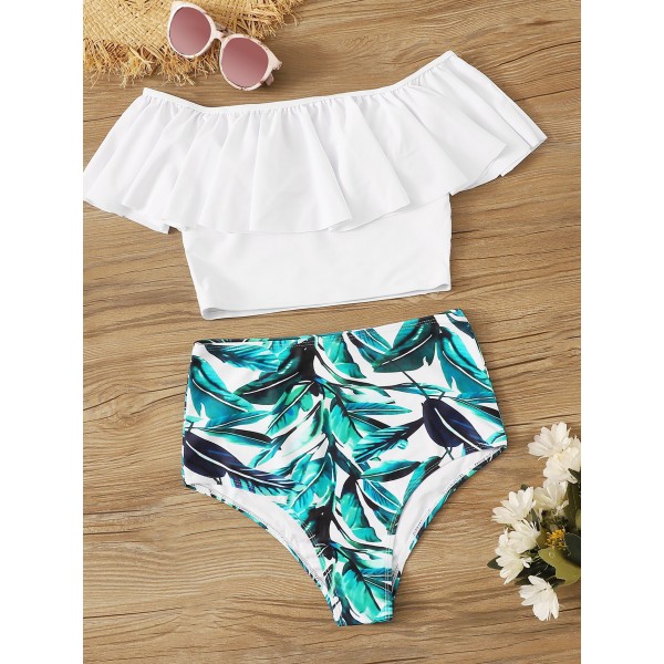 Flounce Bardot Top With Random Leaf Print Swimwear