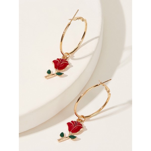 Rose Flower Charm Hoop Earrings